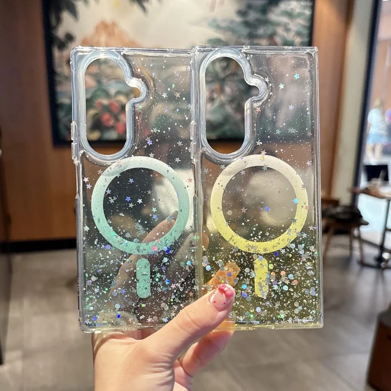 Custodia magnetica trasparente per telefono con gradiente glitter di lusso per Samsung Galaxy Z Fold 7 6 5 4 3 5G per copertura di ricarica wireless Magsafe