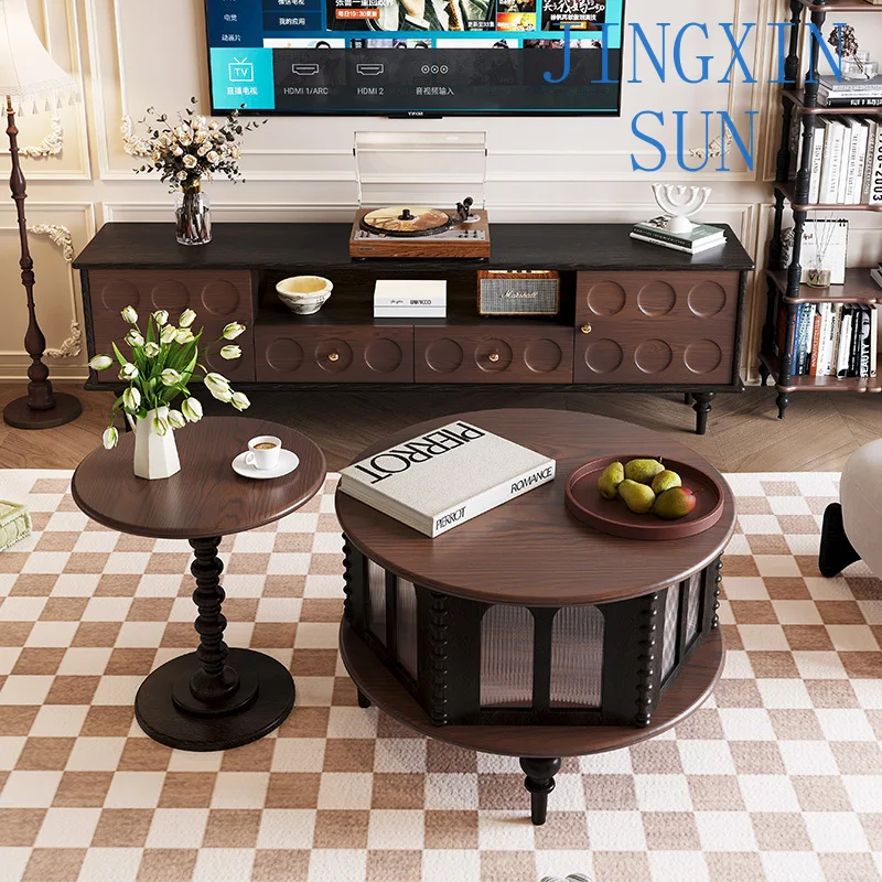 Japanese Luxury Design Simple Solid Wood Table With Storage Luxury Brown Or White Glass Coffee Table Round
