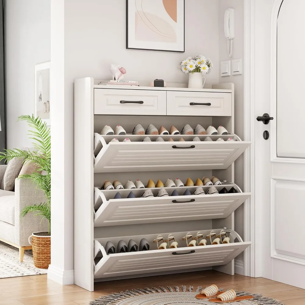 Hidden Shoe Cabinet for Entryway, Narrow Shoe Storage Organizer 3 Doors 2 Drawers,4 Tier Wood Entry Shoe Cabinet,White Flip Down