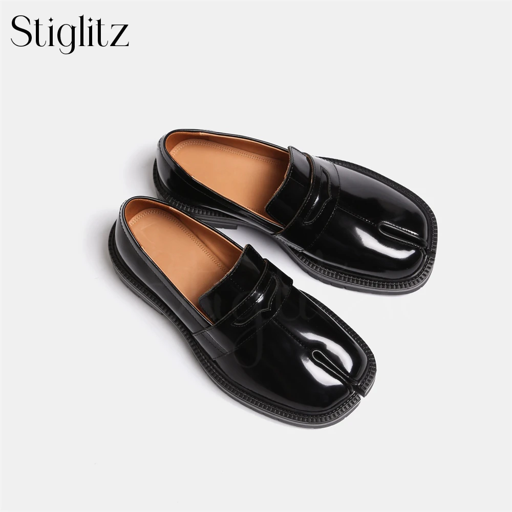 Black Patent Leather Loafers for Men Lace-Up Casual Shoes Square Split Toe Loafers Custom Color Comfortable Handmade Men's Shoes