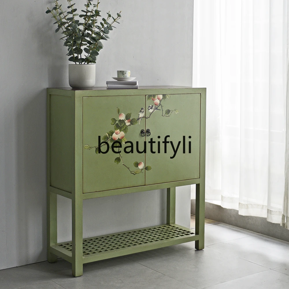 New Chinese solid wood painted hand-painted door multi-layer storage cabinet entrance decorative cabinet dining side locker