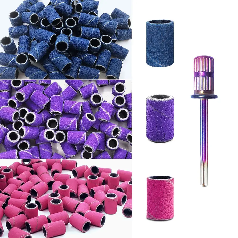 

50Pcs Nail Sanding Caps for Nail Drill 3 Color Nail File Sanding Bands #120#150#240 Grits with Rainbow Mandrel Nail Bit