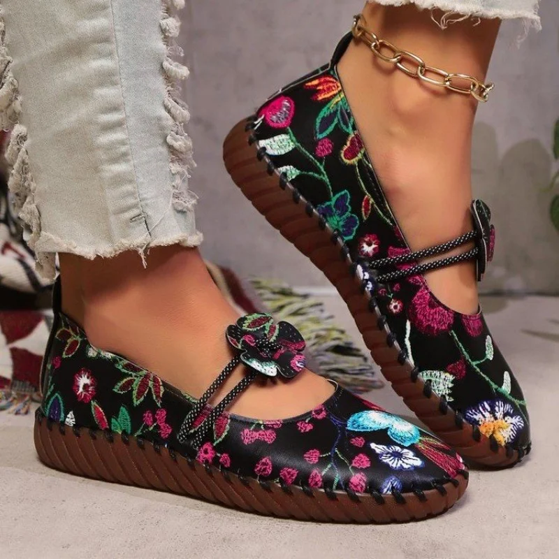 Autumn 2024 new fashion printed casual single shoes women sewing single shoes bean shoes