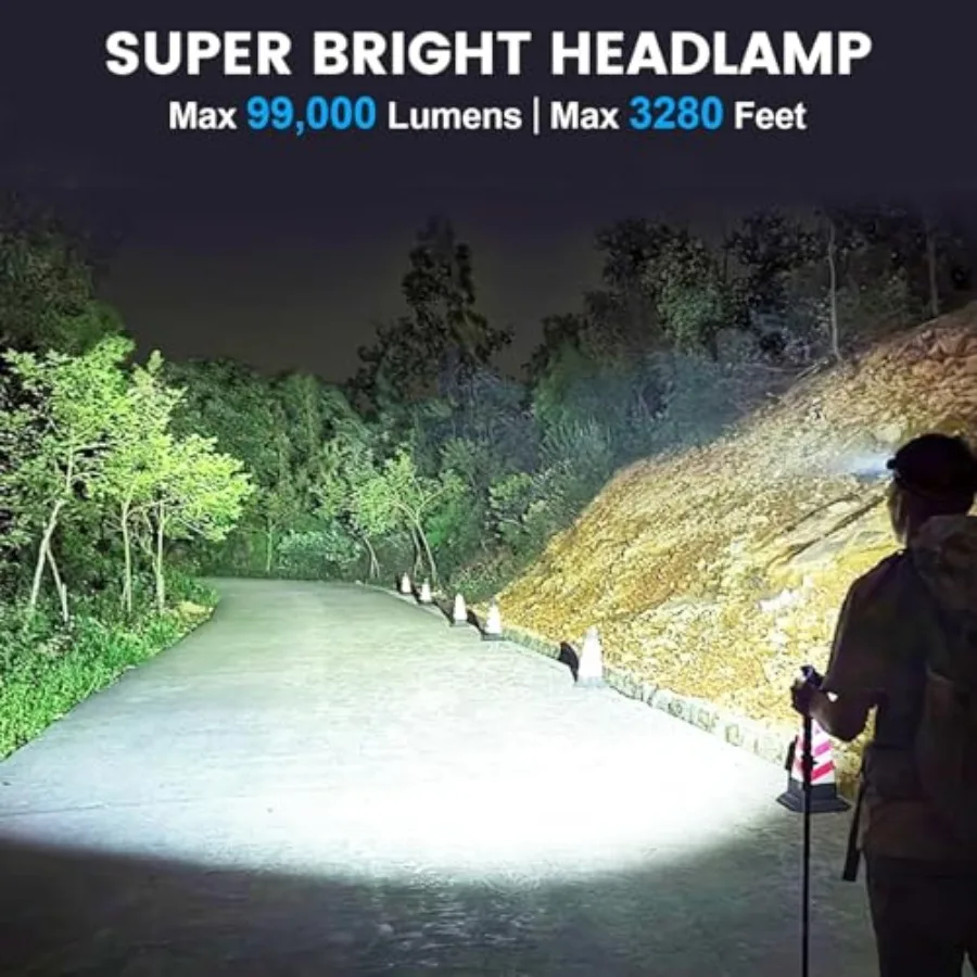2-Pack Rechargeable LED Headlamps - 99, 000 High Lumens Super Bright Head Light with 3 Modes, 90° Adjustable Tilt, IPX6 Waterpr