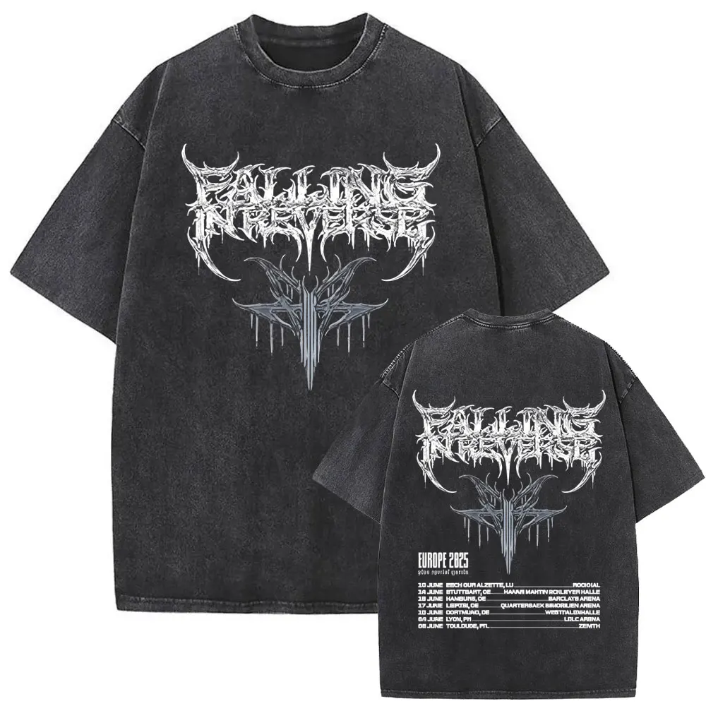 Washed Vintage Falling in Reverse EUROPE 2025 Tour T-shirts Men Women Rock Gothic Oversized T Shirts Casual Cotton Retro T-shirt