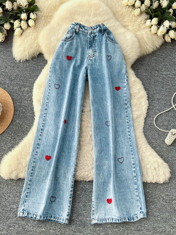 

High Street Embroidered Heart Straight Leg Jeans Women's High Waist Spring New Fashion Versatile Color Blocking Wide Leg Pants