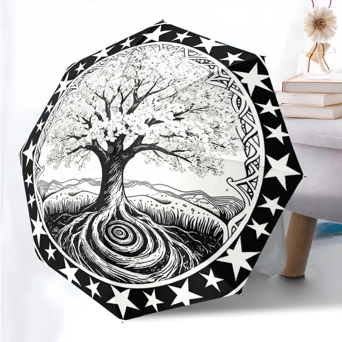 1PC Artistic Tree Umbrella Design with Starry Border Print 8 Iron Ribs Folding Umbrella Auto-Open Fashion Sunshade