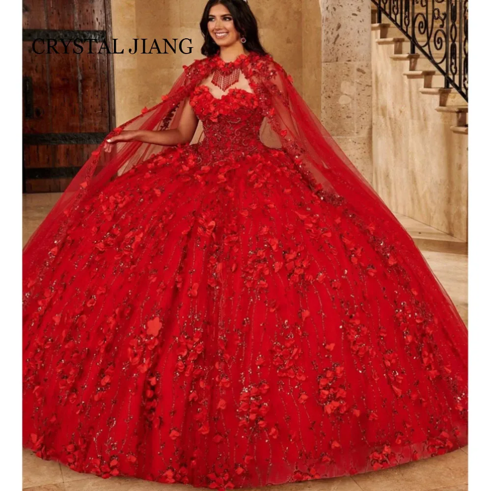 Classy Long Red Sweetheart Quinceanera Dresses 3D Flowers with Cape Ball Gown Vestido De 15 Años Quinceanera