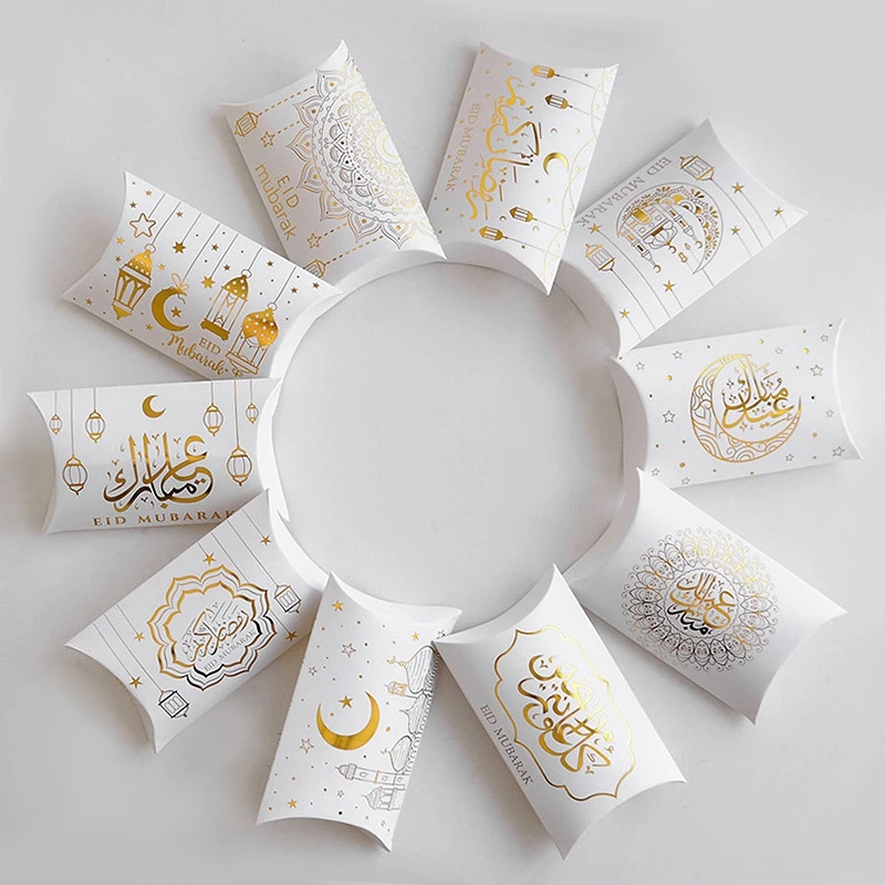 Boîte à bonbons en forme d'oreiller Eid Mubarak, emballage cadeau en papier kraft, décoration du Ramadan Kareem, fournitures de fête musulmane, 2025, 10 pièces, 20 pièces