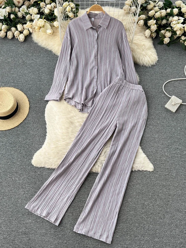 Spring Autumn Pleated Two Piece Sets Women Casual Loose Sleeve Shirt Top+High Waist Drop Wide Leg Long Pants Suits