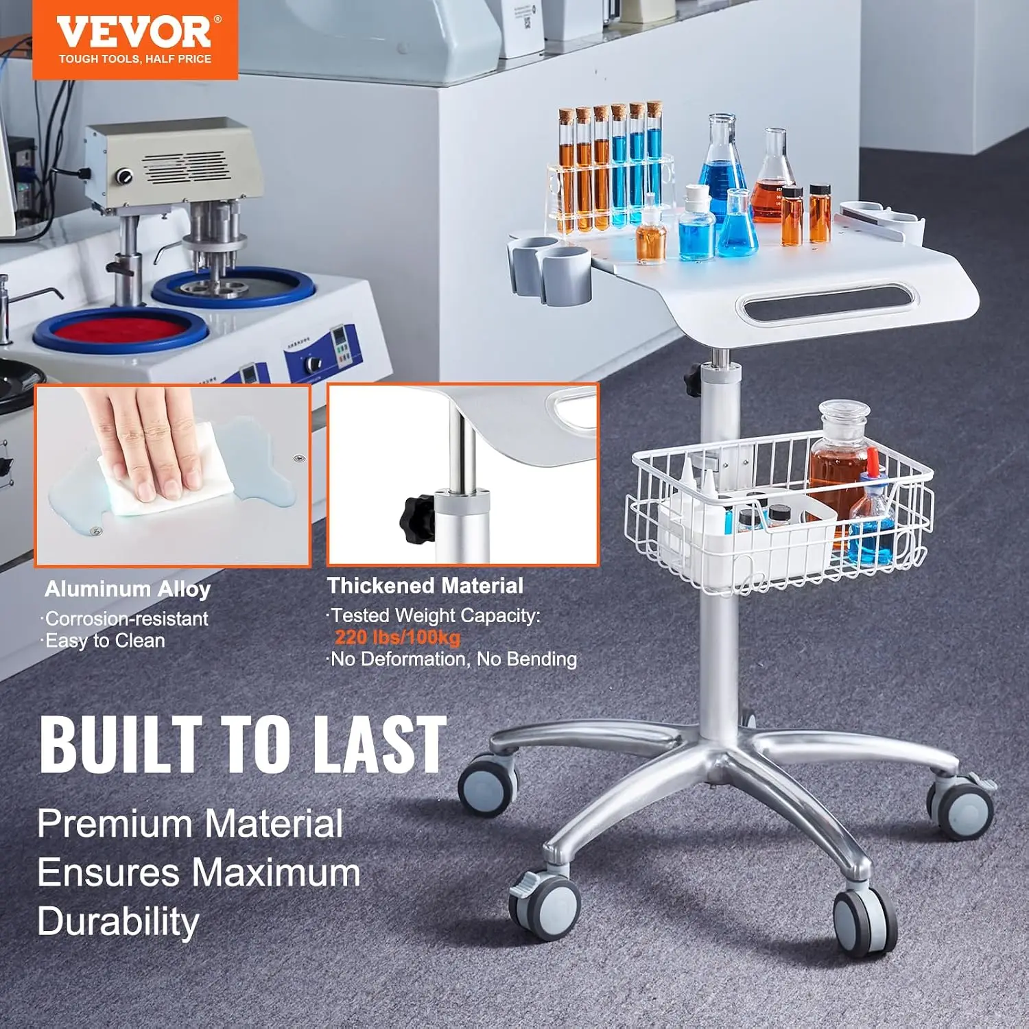 Medical Trolley with Wheels - Height Adjustable Gas Lift, Large Tabletop 19
