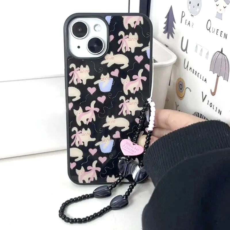 Kawaii Cute Doodle Cat Phone Case for IPhone 14 11 12 13 Pro Max Korean Vintage Phone Case with Phone Chains