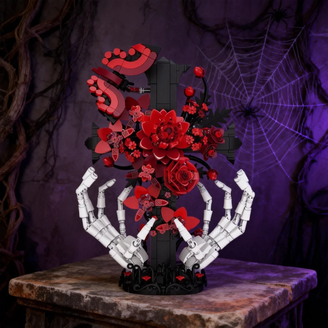 Dark Gothic Halloween Desk Decor Skeleton Hand Rose Cross Building Blocks Toy–Spooky Ornament,Creative DIY Puzzle Gift for Adult
