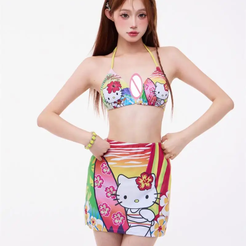 Sanrio praia sexy com almofada no peito biquíni conjunto de três peças kawaii olá kitty comic primavera quente ventilação split body maiô