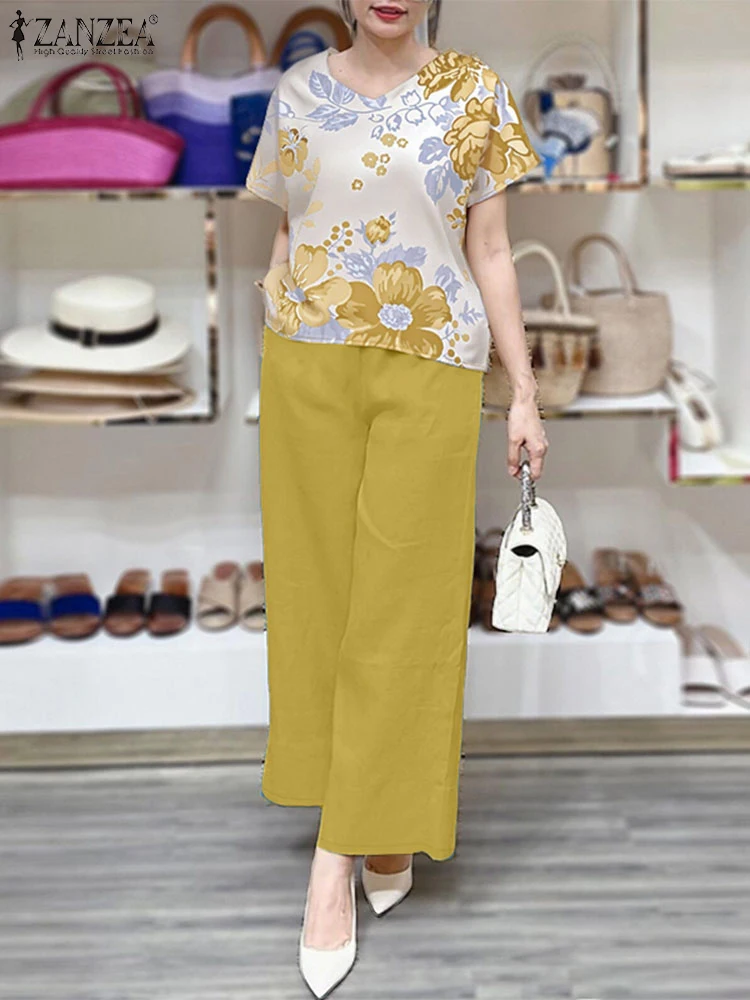 

ZANZEA Commute Summer 2 Piece Sets Women Casual Wide Leg Pants Floral Printed V-Neck Short Sleeve Blouses Pant Sets 2PCS Outfits