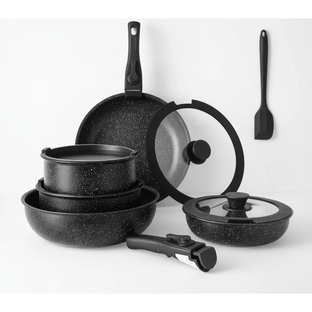 

12-Piece Non-Stick Cookware Set, Black Granite Texture, Detachable Handles, Oven Safe & PFOA Free for Family Kitchens