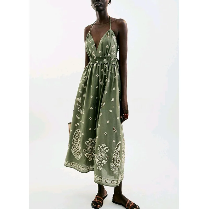 

Summer Women's Long Midi Dr Beaded Embroidered Print ter Ne String Color Blo Gown High Waist No Sve V Ne Dr