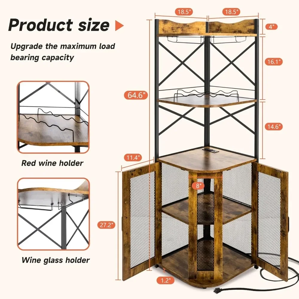 Canto Bar Cabinet com Tomadas, Armário do vinho com vidro e vinho Holder,5 Tiers Liquor