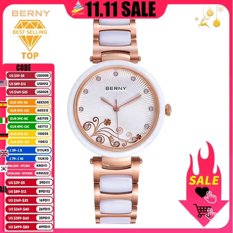 BERNY Women Watch Quartz Ceramic Band Clock Elegant Ladies Morning Glory Design Waterproof Relogio Feminino Reloj Wristwatches
