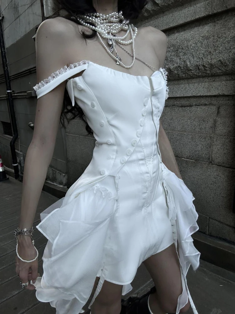 Sommer Koreanische Mode Y2k Retro Frauen Kleider Chic Weiß Halter Chiffon Unregelmäßige Abnehmen Design Kurzen Rock Frau Kleidung 2025