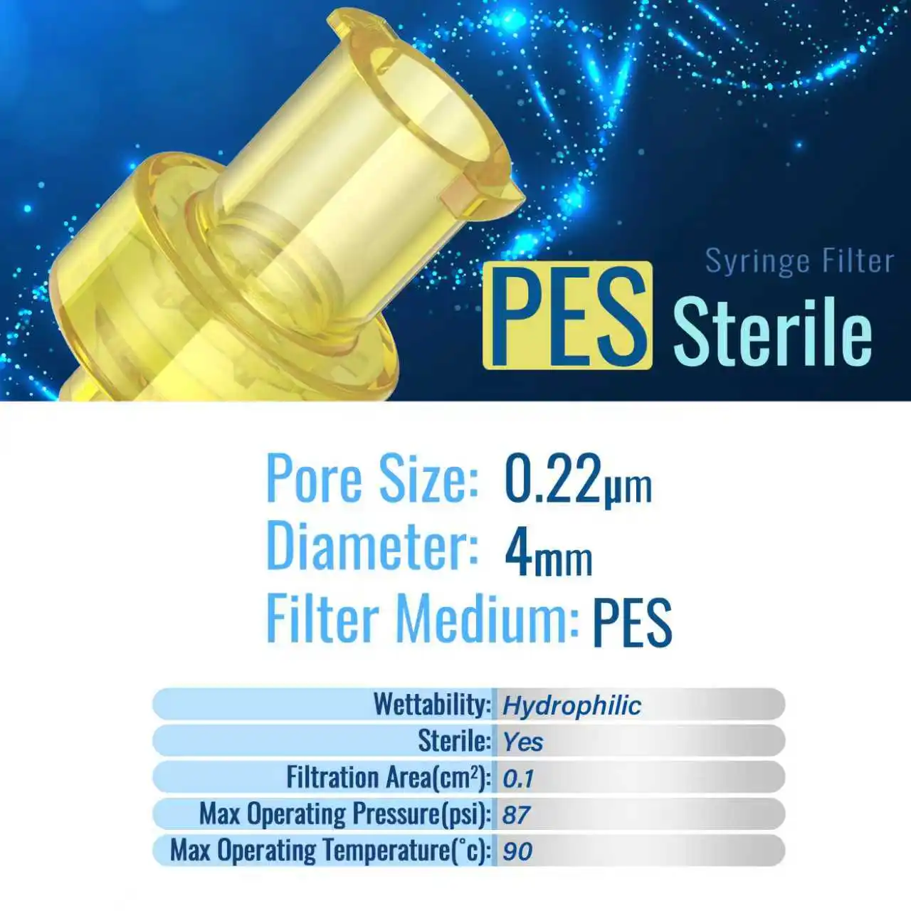 Sterile Syringe Filter with PES Hydrophilic Membrane 0.22/0.45μm Pore Size,4mm Dia,10/25/50/100 Pcs,Yellow, Individually Packe
