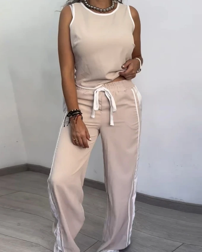 

Sexy Elegant Contrast Binding Tank Top& Striped Drawstring Pants Set New Fashion 2024 Summer Casual Womens Two Piece Sets Outfit