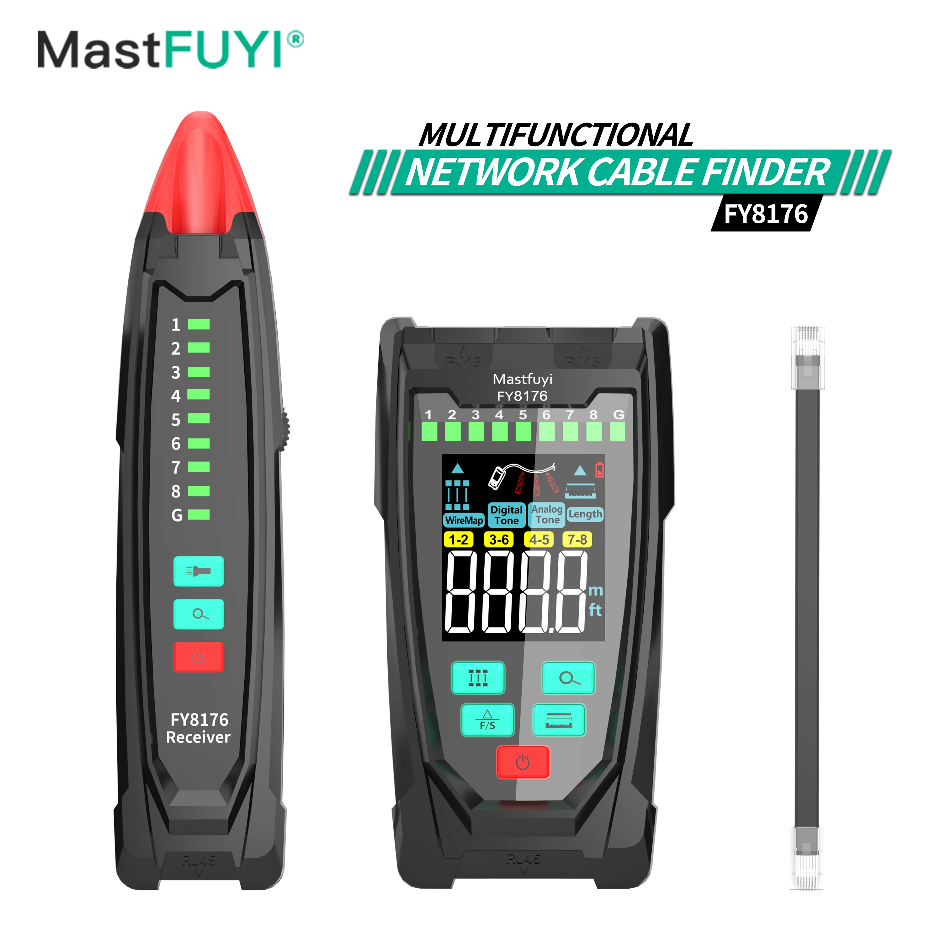 MASTFUYI FY8176 Network Cable Finder POE Finding Anti-Interference Testing Measure Length Wiremap Cable RJ45 Cable Tester