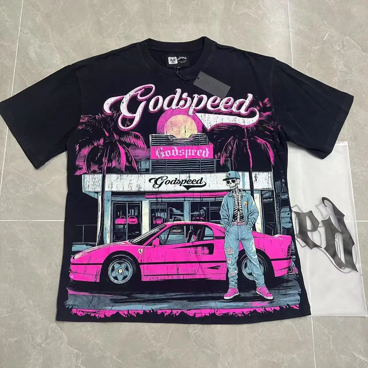 Godspeed Street Style Skeleton Print Vintage Washed Cotton Short Sleeve T-Shirt round Neck Casual Unisex Tee for Youth And Teens