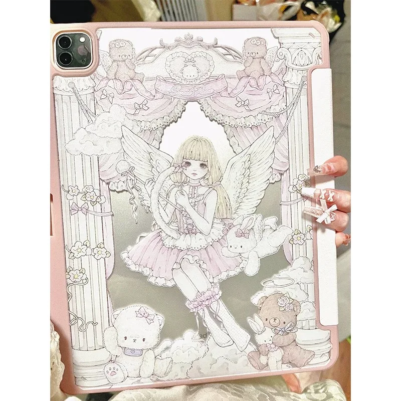 Sweet claw print original angel prayer cute ipad case, acrylic anti-fall three-fold protective case with pen slot