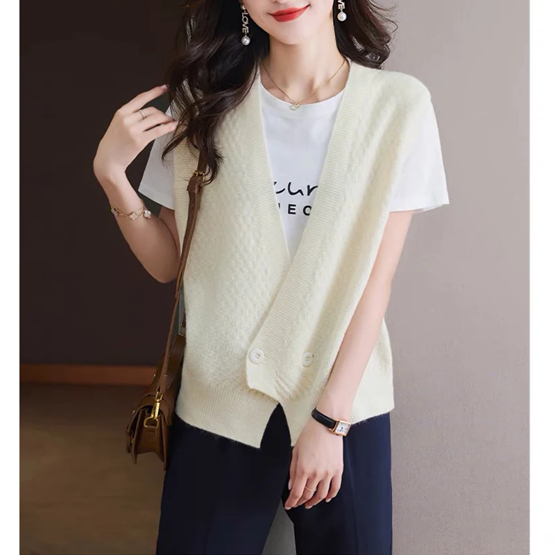 Women Korean Fashion Button Sleeveless Knitted Cardigan Simple Casual V Neck Irregular Sweater Vest Female Solid Loose Waistcoat