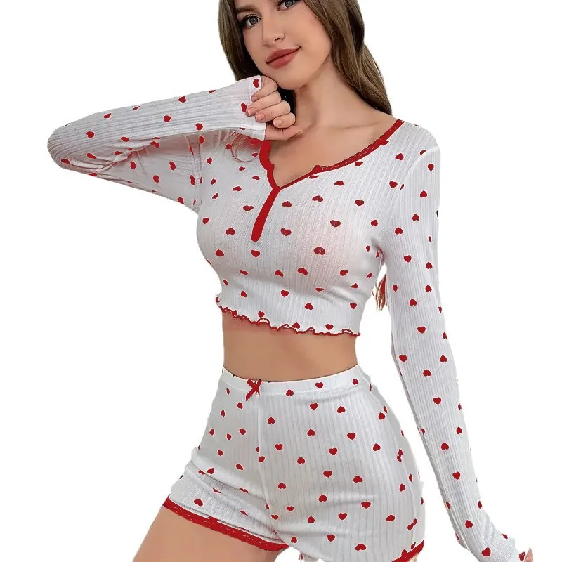 2PCS Women Elegant Pajama Set V-Neck Long Sleeve Top Pants Heart Pattern Sleepwear Comfortable Knit Homewear Casual Style