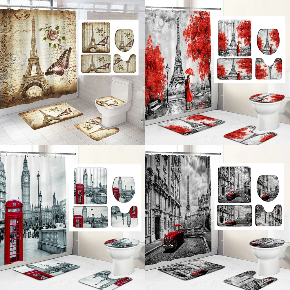 

Paris Eiffel Tower Shower Curtain Set with Rugs Waterproof Curtain Bathing Screen Anti-slip Toilet Lid Cover Rugs Bathroom Decor