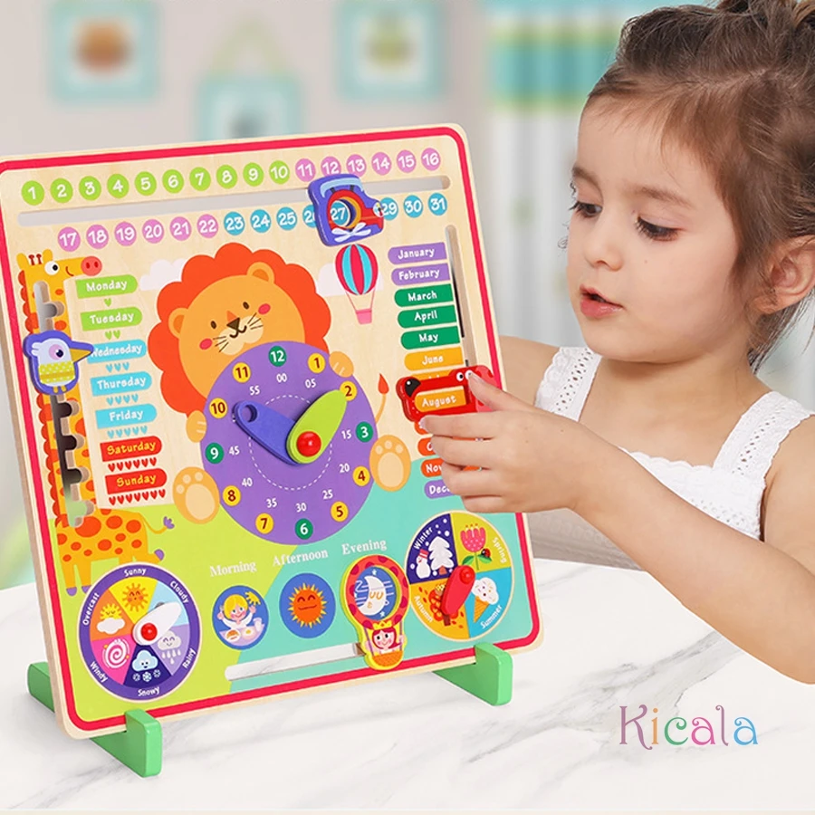 

Montessori Wooden Calendar Toy for Kids Time Date Weather Learning Board Educational Clock Preschool Teaching Aid