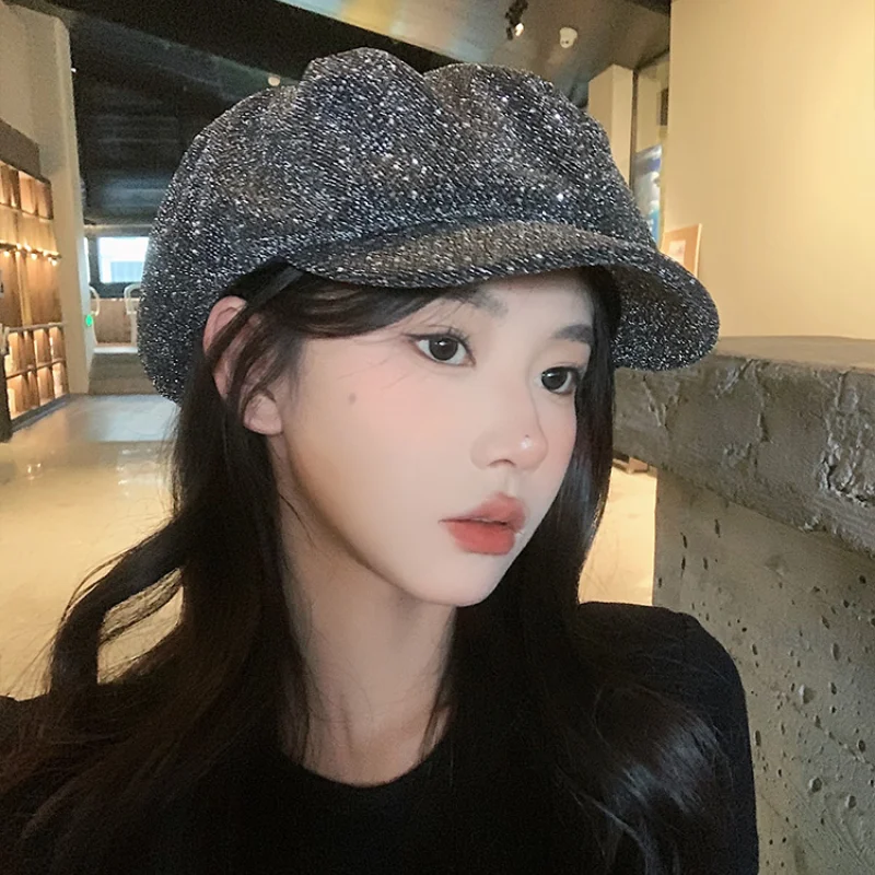 Vintage Sequins Gypsy Clouds Berets Caps for Women Summer Autumn Korean Versatile Show Face Small Sweet Literary Octagonal Hat