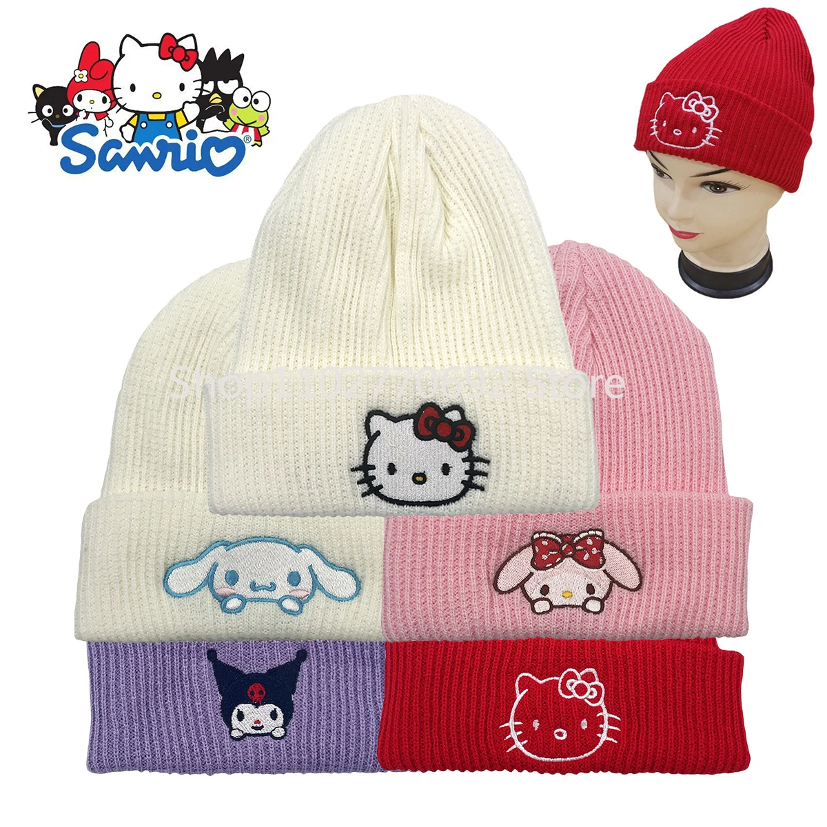 

Sanrio Hello Kitty Embroidered Knitted Hat Cute Anime Figures Autumn Winter Warm Hats Couples Pullover Hat Beanies Birthday Gift