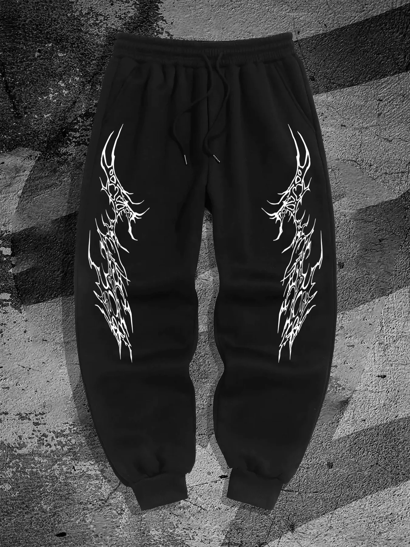 Symmetric gothic spike patterns decorate men's hip hop joggers, drawstring waist brings comfy loose fit for dark street sports