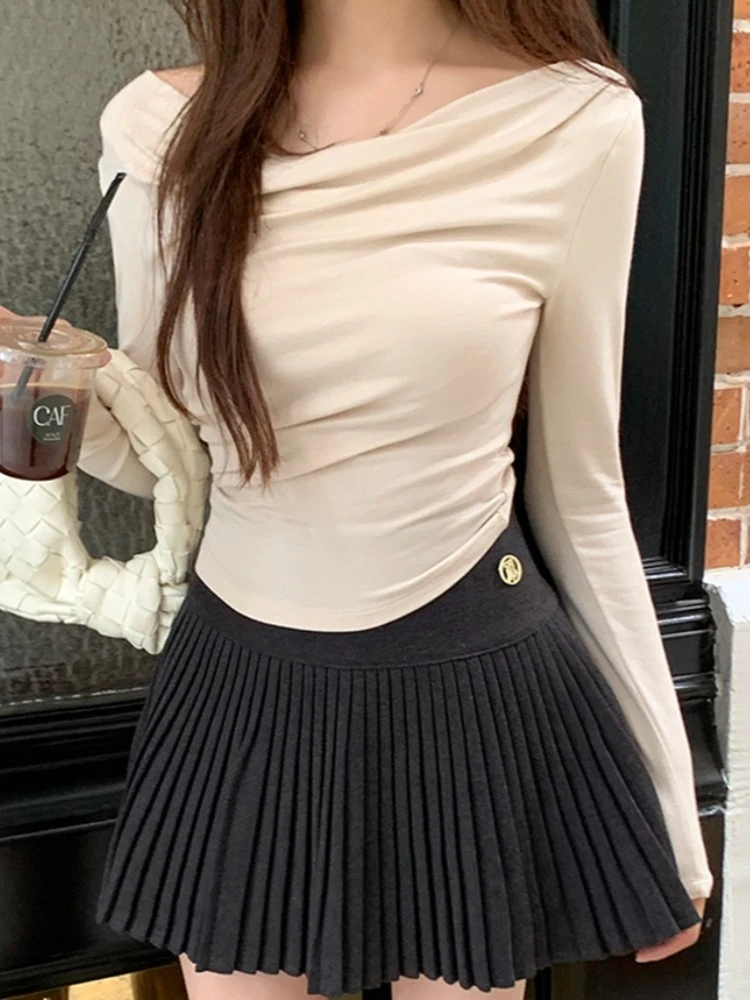 2026 Autumn New Off Shoulder Long Sleeve Tee Korean Style Pure Desire Vibe Cowl Neck Women T-shirt Sexy Slim Solid Crop Top