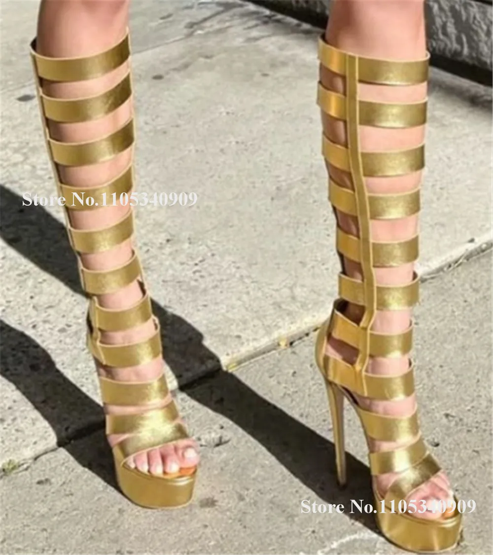 

Bondarenko Sexy Gold Black Straps Cross Stiletto Heel Dance Shoes Open Toe Cut-out High Platform Thin Heel Party Sandal Boots