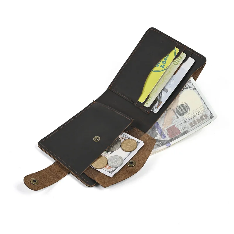 Dompet Kulit Kuda Gila Pria - Dompet Kulit Asli Lipat Dua (11x9.5cm) dengan Saku Koin & Slot Kartu Kredit