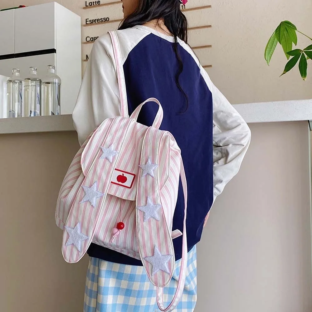 

Sweet Korean Drawstring Backpack Canvas Scratch Prevention Rabbit Ear School Bag Polyester Large Capacity Striped Star Backpack