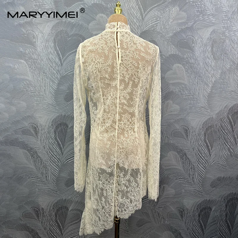 MARYYIMEI Spliced ​​lace top stand-collar long-sleeved hypotenuse mid-length top 2026 autumn fashion women's new style