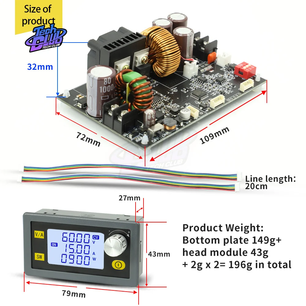 가변 DC 안정화 전압 정전압 및 정전류 15A/900W 스텝 다운 모듈 보드, XY6015l CNC