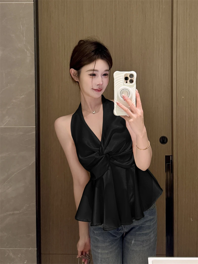 Kamizelka z odkrytymi plecami w jednolitym kolorze, seksowny krój, luksusowy wygląd, piękny top, koreański styl, do pracy, modna, plus size.