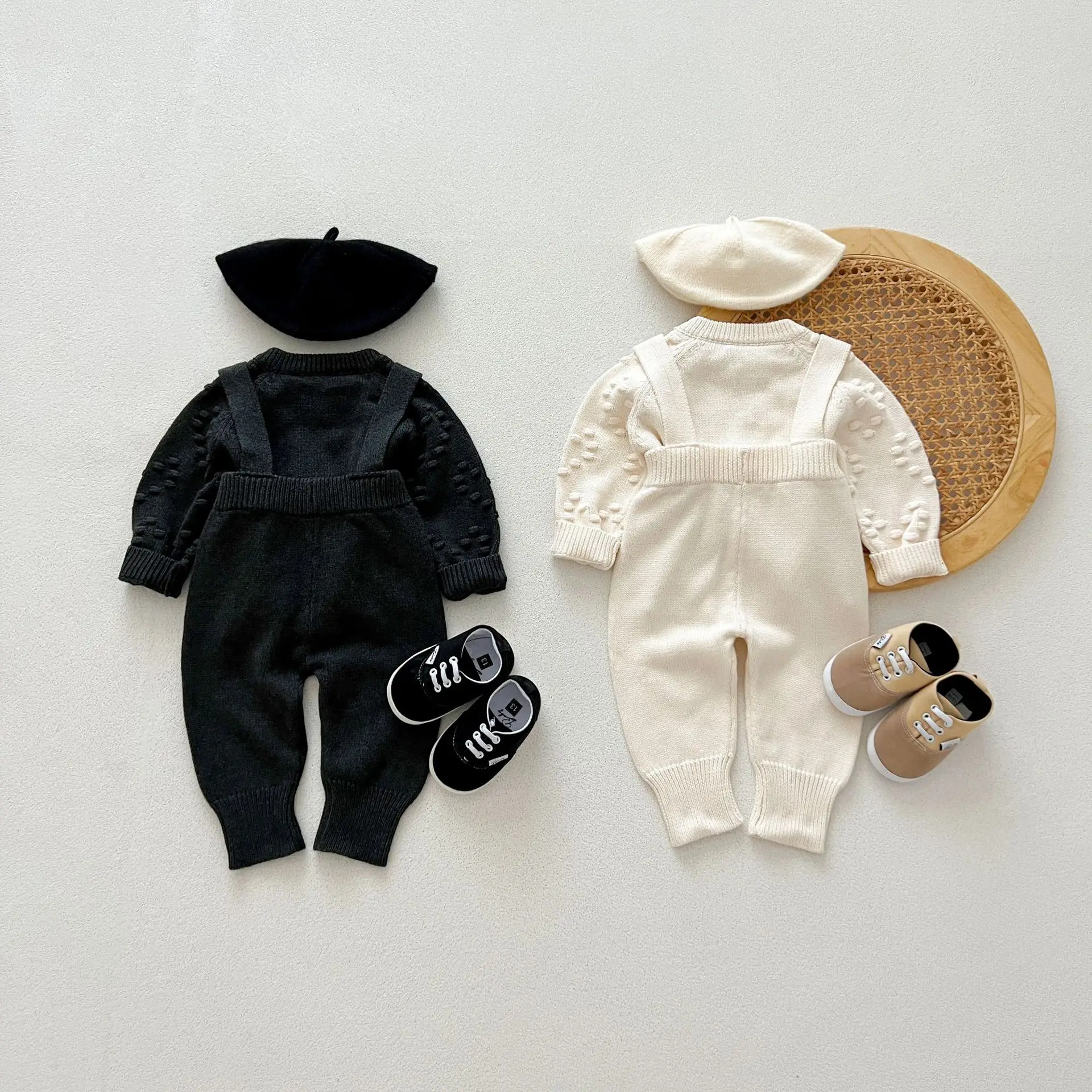 Korean Autumn Winter Baby Boys 2PCS Clothes Set Cotton Knitted Solid Pullovers Stretch Suspender Pants Suit Toddler Boys Outfits