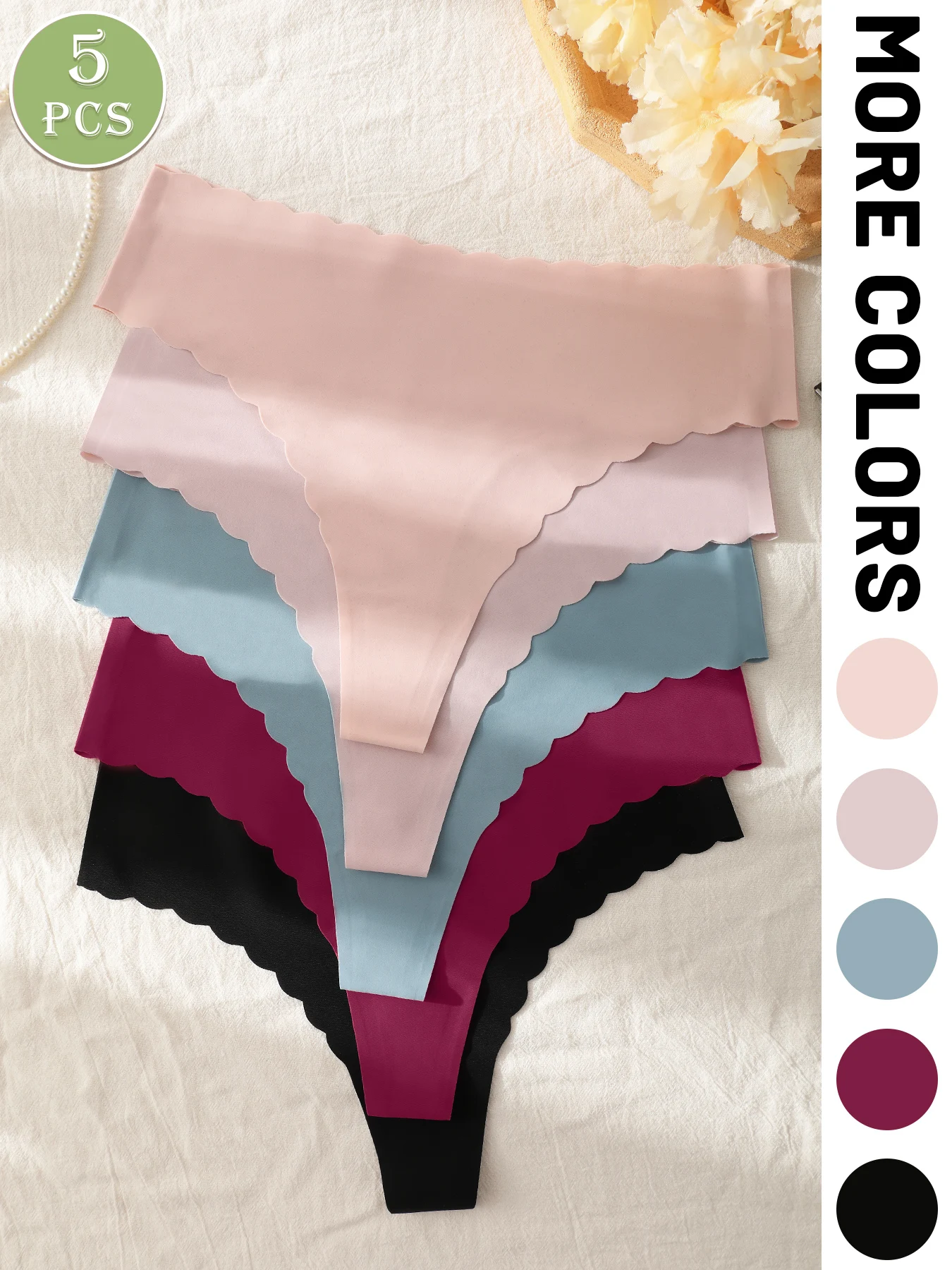 5PCS Solid Color Scalloped V-Waist Thongs, Seamless No-Show Multi Pastel Shades Soft Breathable Daily Invisible Women Underwear