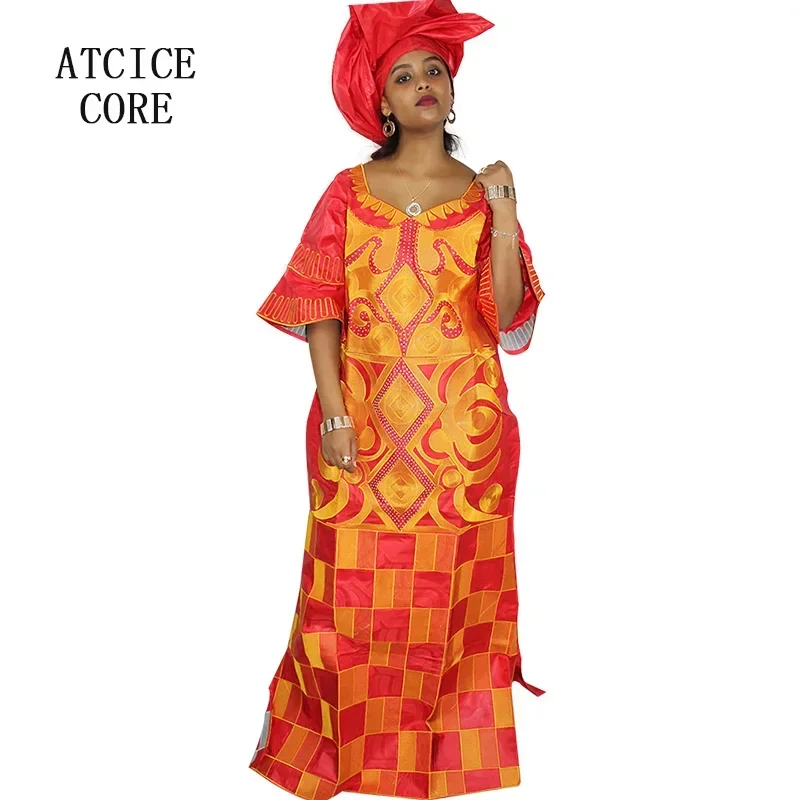 African Dresses For Woman Bazin Riche Computer Emboridery Plus Size Long Dress With Scarf