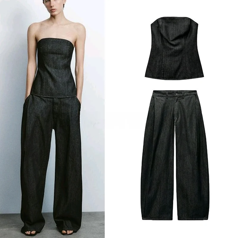 Wiosenny damski komplet: top z denimu z wiązaniem na biuście i długie spodnie, dwuczęściowy zestaw, okrągły dekolt, włókno poliestrowe.