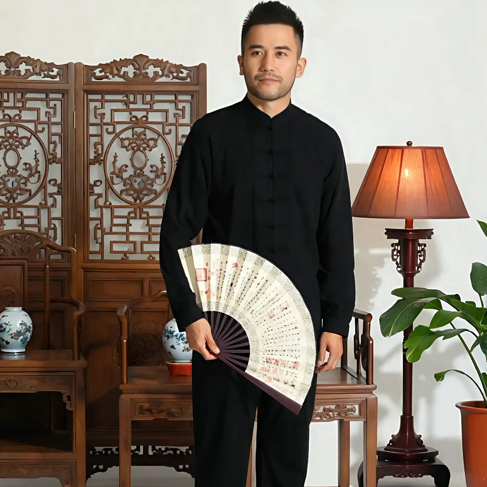 طقم بدلة تانغ للرجال من Old Money مصنوع من القطن والكتان باللون الأبيض والرمادي والأسود من Zen Twinset مريح مناسب للعرقية وحديثة مكون من قطعتين ملابس 2025 #1