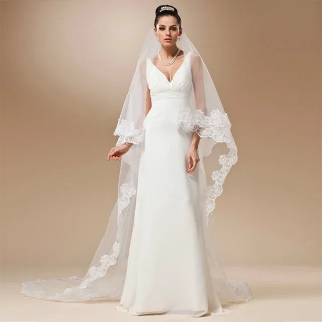 Voile de Mariage en Dentelle, Accessoire de Cathédrale, Longueur Environ 3 m, en Coton, Bon Marché, Simple, sans Peigne, pour Patients Mariée