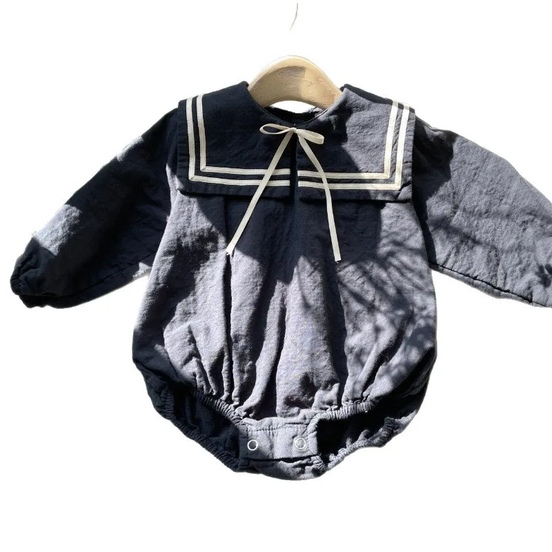 2026 Spring Summer New Baby Long Sleeve Bodysuit Solid Boys Girls Cute Sailor Collar Jumpsuit Cotton Infant Clothes 0-24M view 6